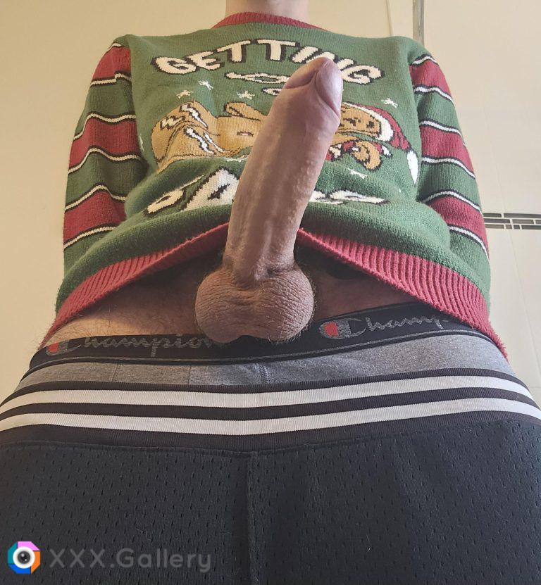 [M] I know it's hard to see with the big dick in the way but my sweater says getting baked and hes smoking a candy cane bong!