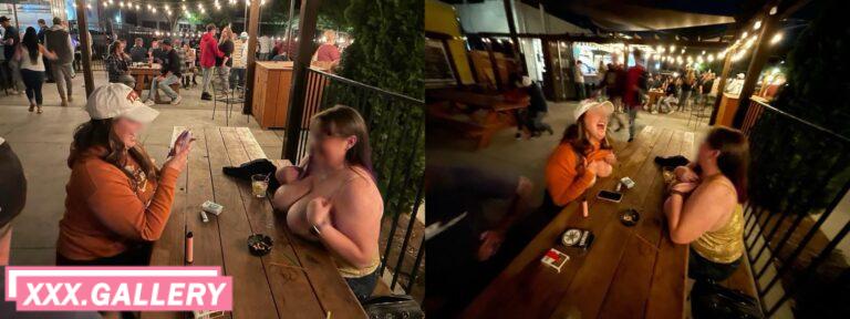 My wife flashing at the bar and getting a new friend to join in!